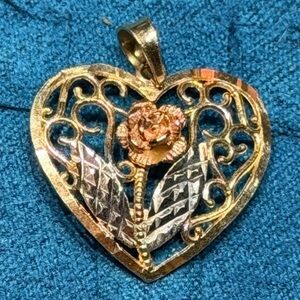 10k Yellow Gold , white gold Heart Rose Pendant